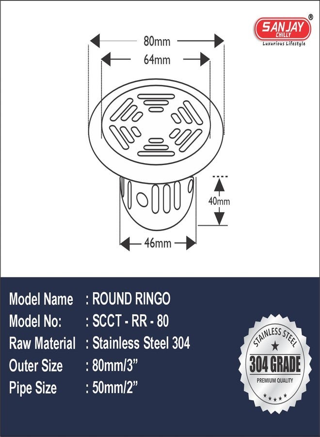 Sanjay Chilly Round Ringo Cockroach Trap 80mm 3 INCH Floor Drain Jali 304 Grade Stainless Steel Kitchen Floor Trap Anti Cockroach & Insects Long Lasting for Bathroom - Image 2